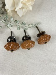 Set of 3 Pumpkin Melon Ceramic Drawer Knobs Pull Rust Antique Brass Hardware NEW