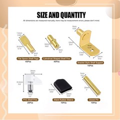 155 Pcs 5 Styles Gold Shelf Pins Assortment Kit Metal Bracket Pegs Cabinet
