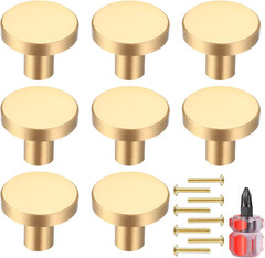 Gold Cabinet Knobs, 8 Pcs Brushed Brass round Kitchen Cabinet Hardware Pulls Kno