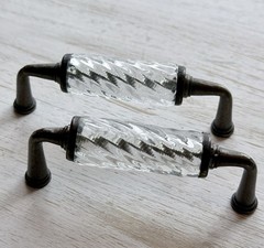 2 Clear Spiral Glass Antique Brass Metal Drawer Pulls Cabinet Pulls 3.88″ x 4”