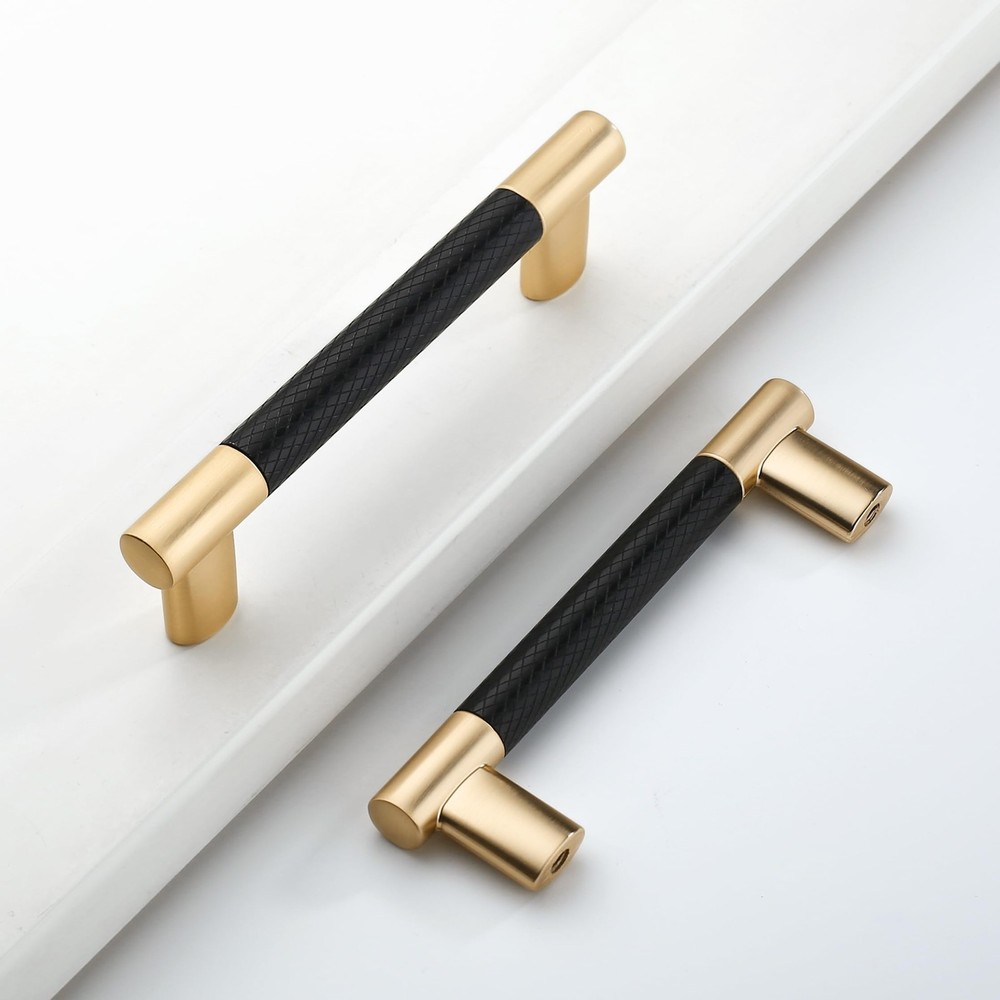 10 Pack 3.75”(96mm Hole to Hole) Black and Gold Cabinet Pulls, Knurled Brush…