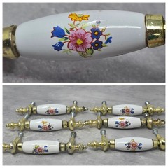 (6 Pack) 3 inch Centers Pink Blue Yellow Flower Ceramic Drawer Pull Brass