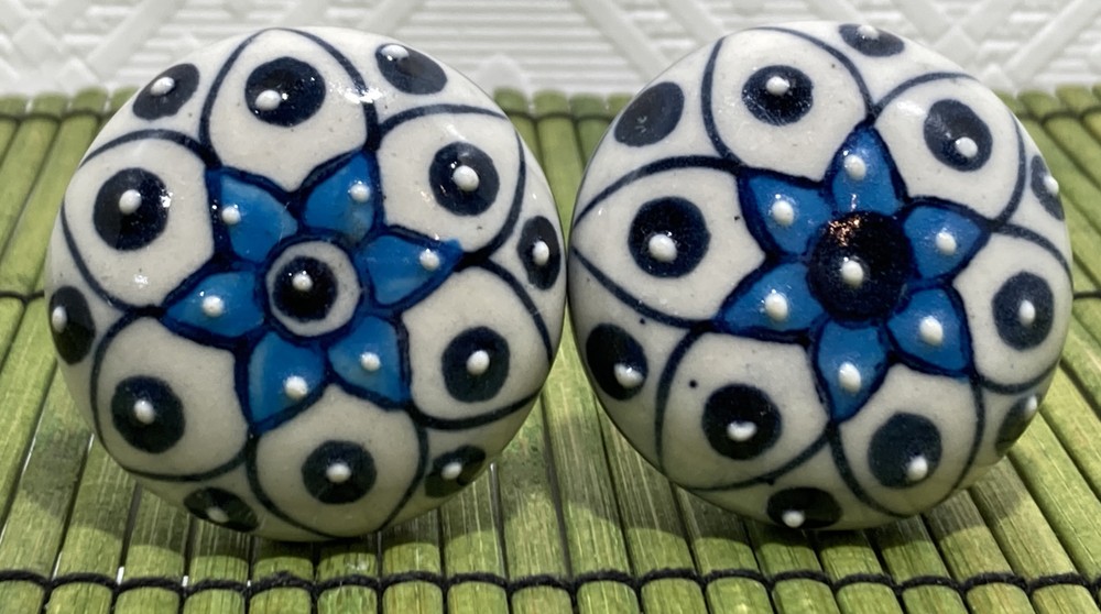 Ceramic Drawer Knob Pull 1-3/4″ Blue & White Flower Set of 2