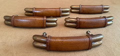 5.5″ Set 5 Drawer Cabinet Handles Leather center brass lot brown pulls Vintage