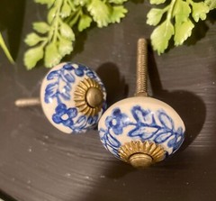 6: Antique Blue white Porcelain Ceramic Floral Drawer Cabinet Knobs Pulls 1.25″