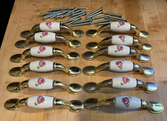 LOT of 12 Brass Ceramic White w/ Pink Rose Cabinet Handle Drawer Pulls & Screws