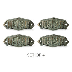 4 Floral Art Deco Cabinet Drawer Cup Pulls Cast Iron Antique Green & Gold 4 in
