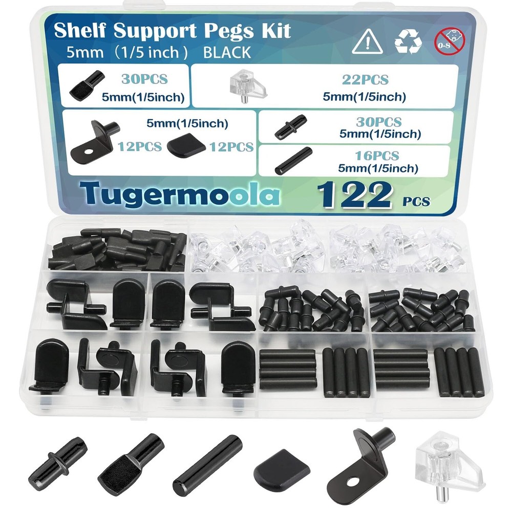 122PCS Shelf Pegs Pins for Shelves Black 5mm Shelf Support Peg Kit Cabinet Shelf