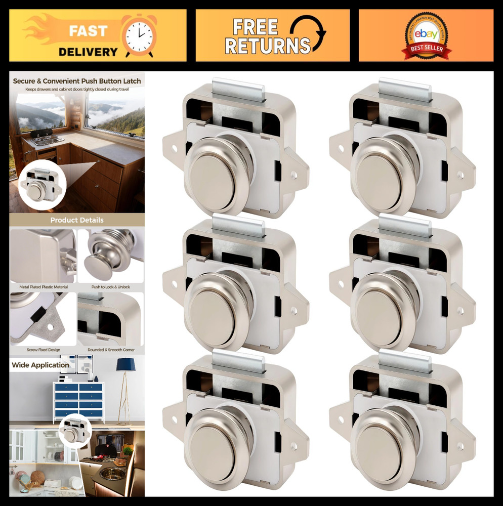 6 Sets Keyless Push Button Latches for RV Cabinet Doors, Cupboard Catch with Scr