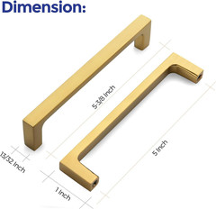 Brushed Brass Solid Pulls Cabinet Handles 5 Inch 30 Pack | Solid Zinc, Slim Desi