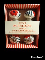 Drawer Pulls Round Handmade In India Flower Print Ceramic 2 Packs of Set of 4