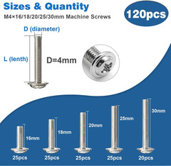 120PCS Assortment，Cabinet Pull and Knob Screws, M4×16/18/20/25/30Mm, Machine Scr