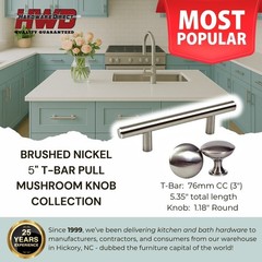 Solid Steel T-Bar Pull Handle Mushroom Knob Brushed Nickel Kitchen Cabinet KPT