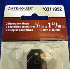 Package of 2 Decorative Brass Hinges 3/4in. x 1-13/16in. with Screws