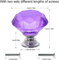 6Pcs Purple Crystal Glass Cabinet Knobs 30mm Diamond Drawer Pull Handles Set