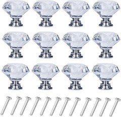 12 Pack 30mm Crystal Glass Drawer Knobs Diamond Cabinet Pull Handles Silver Set
