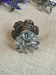 2 Vintage Clear Glass Drawer Pull Knob w/ Antique Bronze Metal Backplate