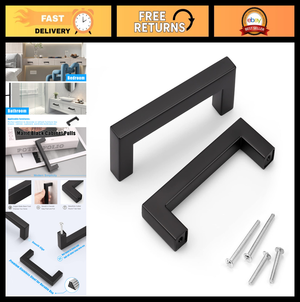 10 Pack 3.5″ Matte Black Cabinet Handles – Modern Drawer Pulls, Stainless Steel,
