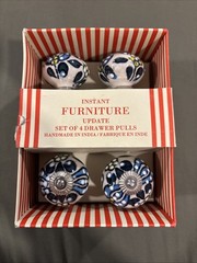 Instant Furniture Set of 4 blue/white Drawer Pulls. Handmade in India. Brand New