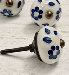 1 White Blue Floral Ceramic Cabinet Knobs Glossy Round