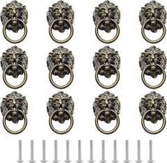 12 Pieces Antique Lion Head Cabinet Knobs, Ring Pulls Handle for Drawer Dresser