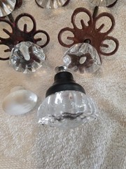Set of 5 Clear Glass Cabinet Knobs with Red-Blac Metal Flower Backplates, etc