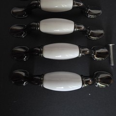 Vtg 20 Wht Porcelain & Gun Metal Gray Spoon Foot Cabinet Pulls 5″ Long 3″Centers