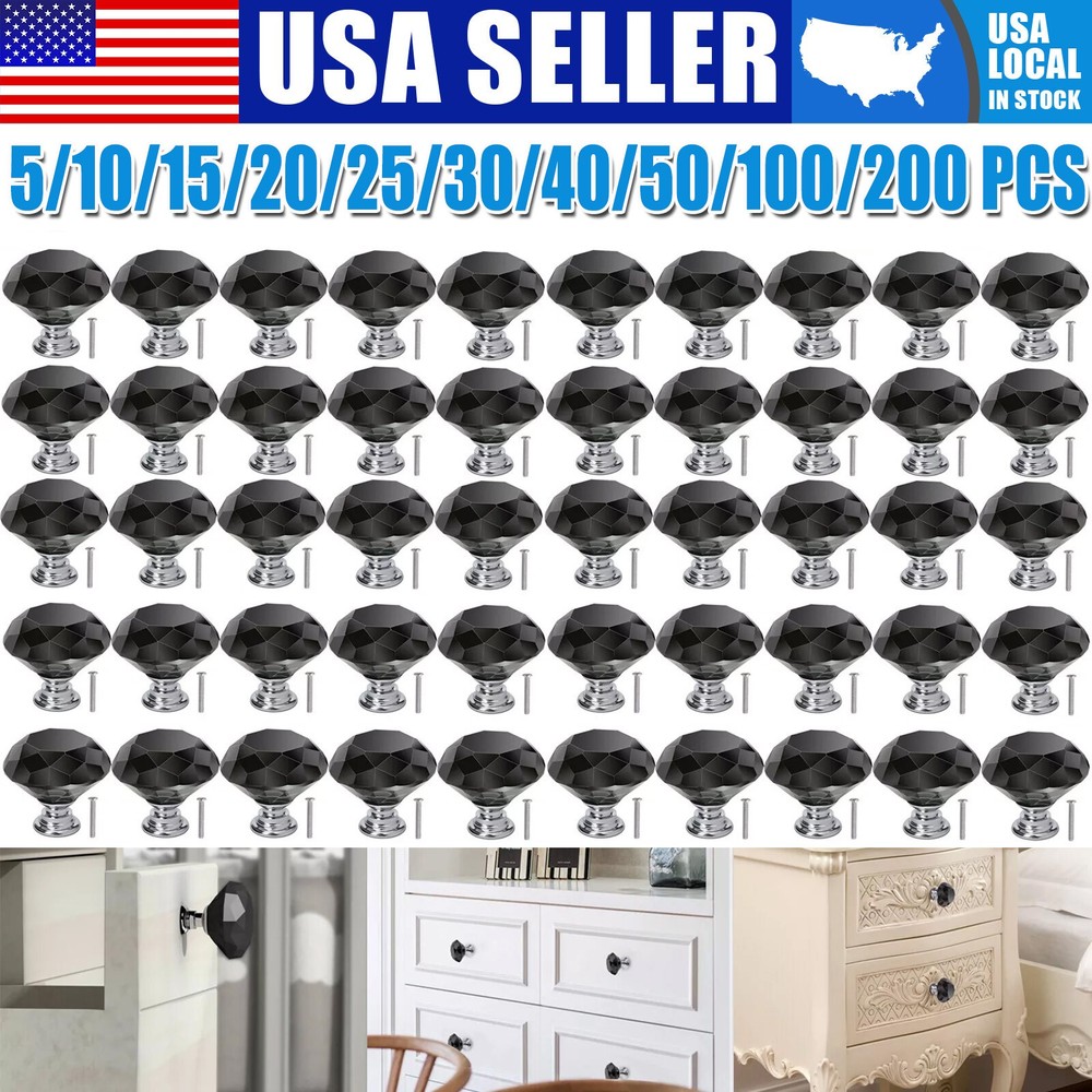 5-200PCS Diamond Shape Crystal Glass Cabinet Knobs Drawer Kitchen Dresser Pulls