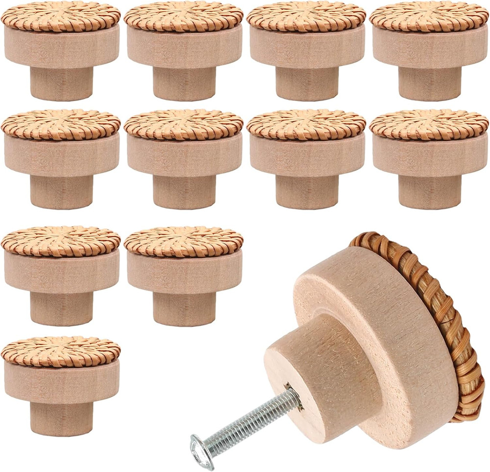 12 Pcs Brown Boho Rattan Dresser Knobs and Pulls, Decorative Wooden Drawer Handl