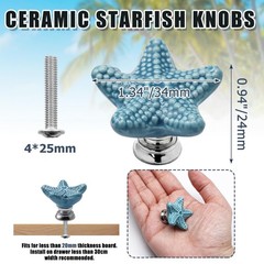Ceramic Starfish Drawer Knobs – Coastal Blue Cabinet Handles, 4 Pack