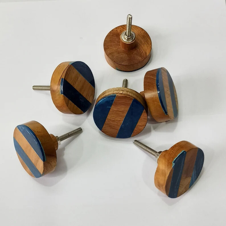 Handmade Round Resin and Wood Door Knobs (Set of 6)