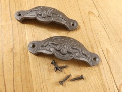 2 CUP PULLS 4 1/8 WIDE DRAWER VICTORIAN BIN HANDLES ANTIQUE-STYLE IRON BEAUTIFUL